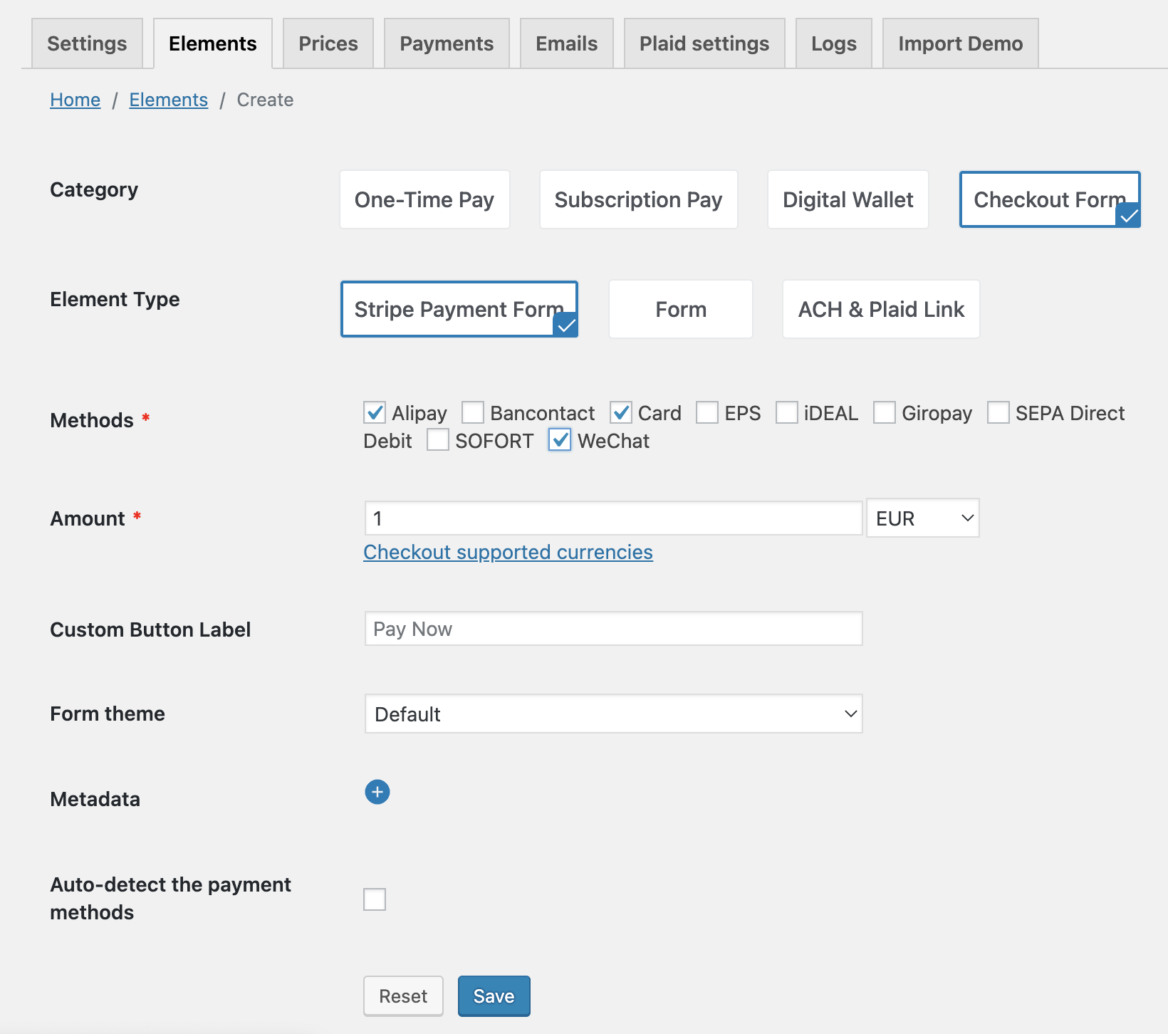 wp stripe express create payment element