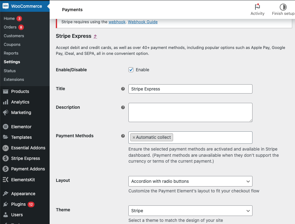 woocommerce stripe elements settings