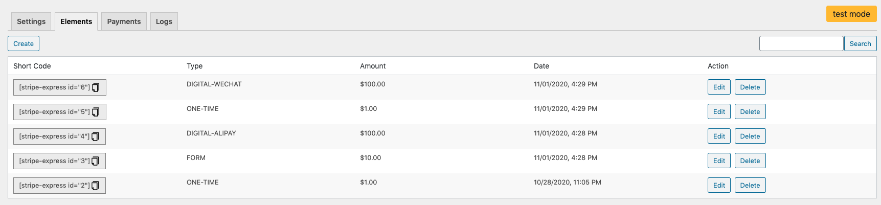 wp stripe express element list