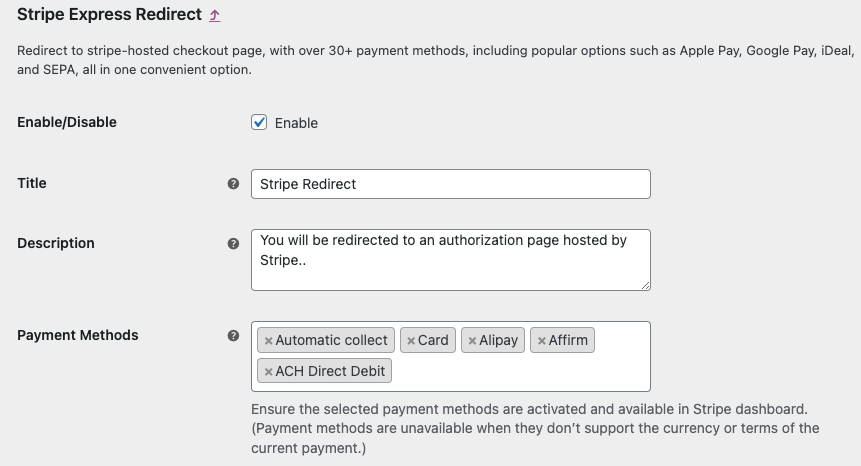 woocommerce stripe redirect settings