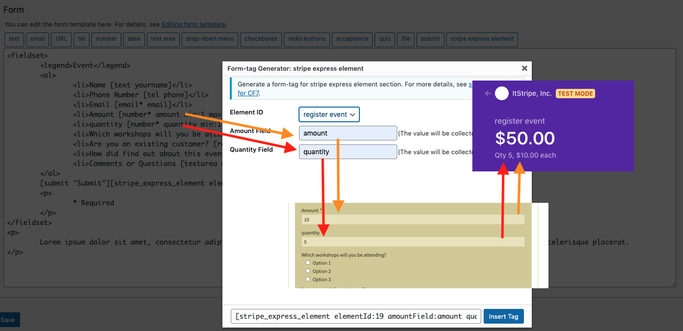 cf7form tag dialog with stripe express