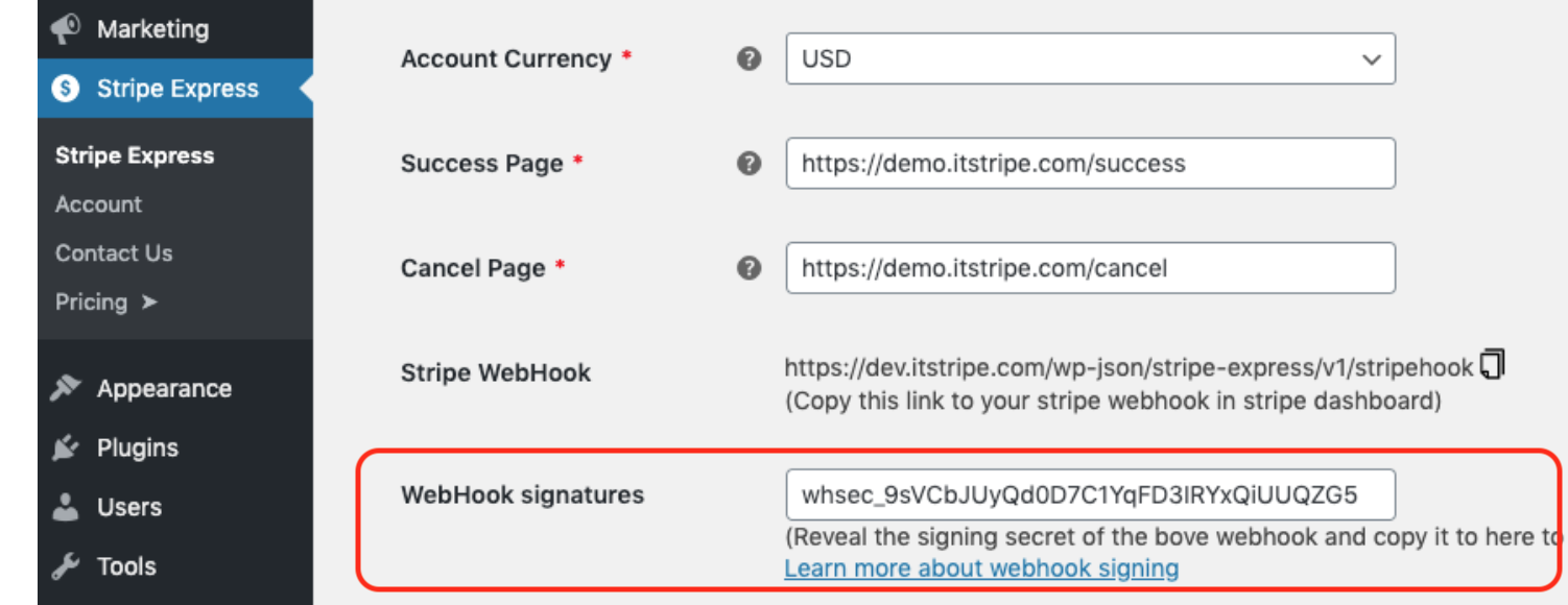 wp stripe express using signature