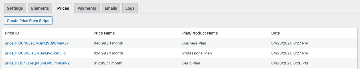 wp stripe express price list