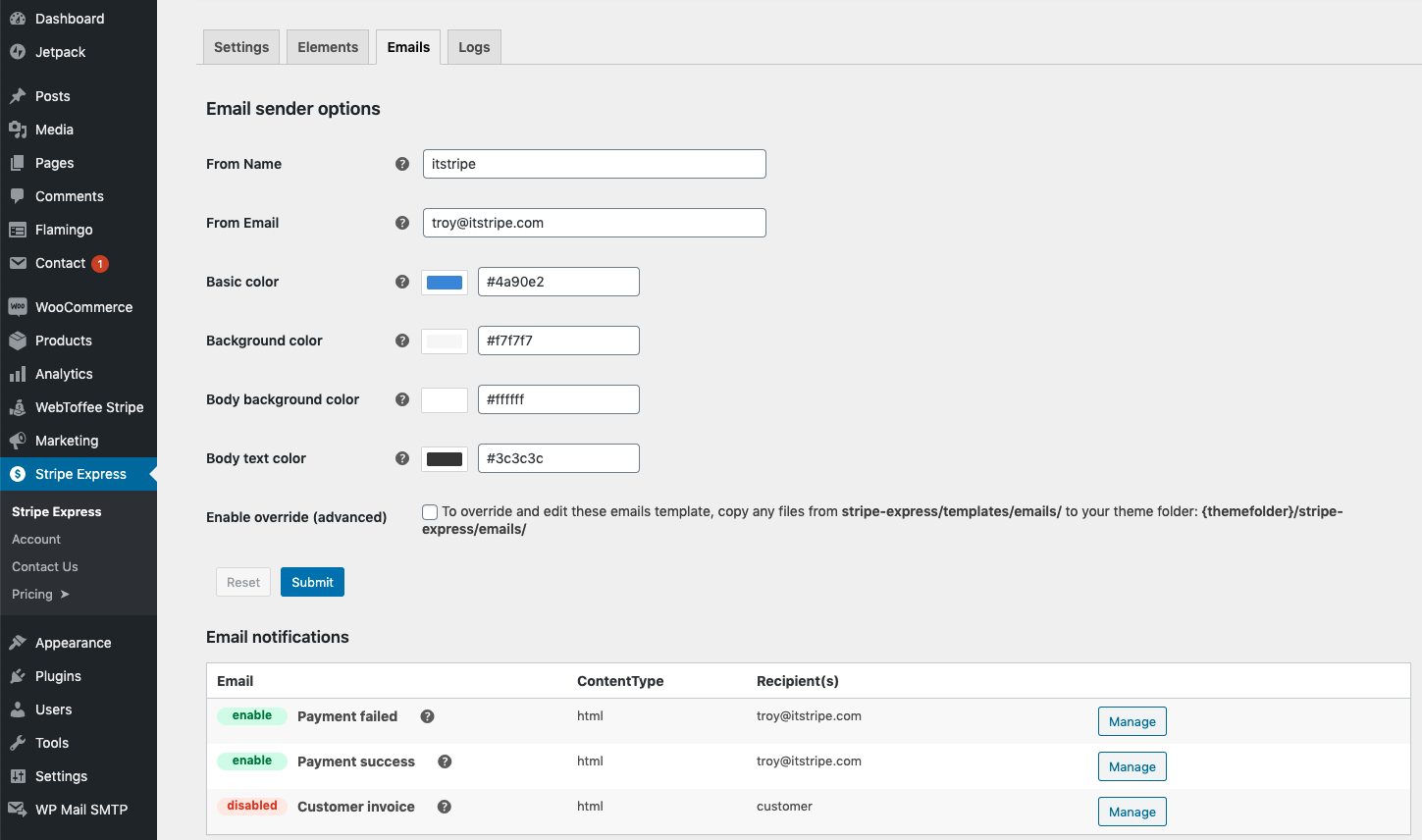 wp stripe express email notification